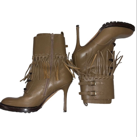 Valentino Brown Fringe Moto Ankle Boot Lug Sole EU 37 Designer EUC - Picture 3 of 10